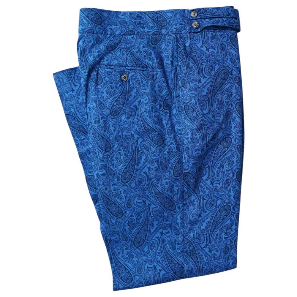 Mens 36 Gurkha Pants Blue Paisley Cotton Flat Front Straight Handmade Trousers
